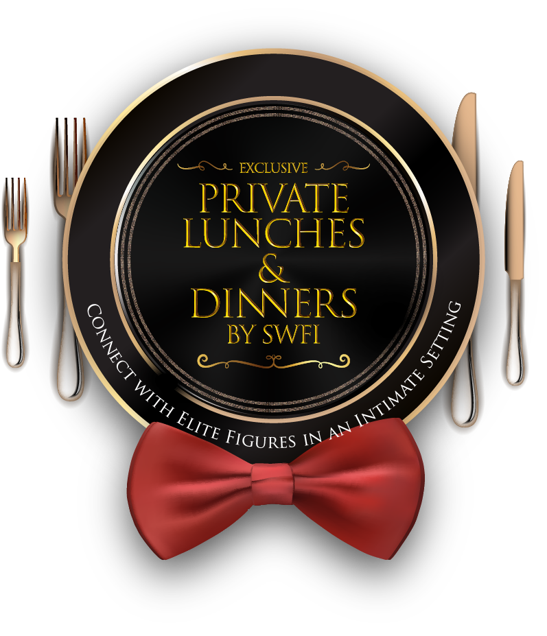 The image appears to be a promotional design for a private dining experience. The centerpiece is a black plate with gold accents, featuring the text "EXCLUSIVE PRIVATE LUNCHES & DINNERS BY SWFI." A red bow tie is positioned on the plate, adding a touch of elegance. The plate is surrounded by a fork and a knife, suggesting a formal dining setting. The phrase "CONNECT WITH ELITE FIGURES IN AN INTIMATE SETTING" is included, highlighting the exclusive nature of the event. The overall design conveys a sense of luxury, sophistication, and exclusivity.