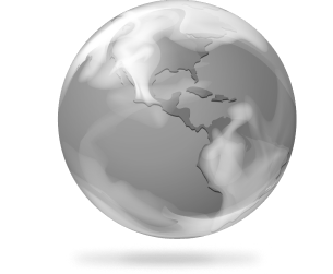 A grayscale globe with visible continents and cloud formations.